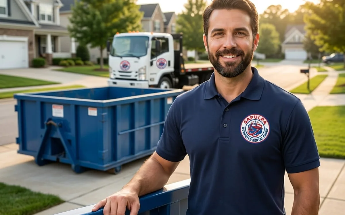 Sapulpa Dumpster Rental Group container on a Creek County driveway